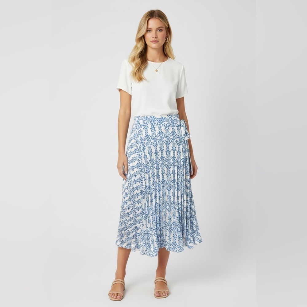 Skies Are Blue Pleated Wrap Midi Skirt Blue Floral Tie Waist Size M